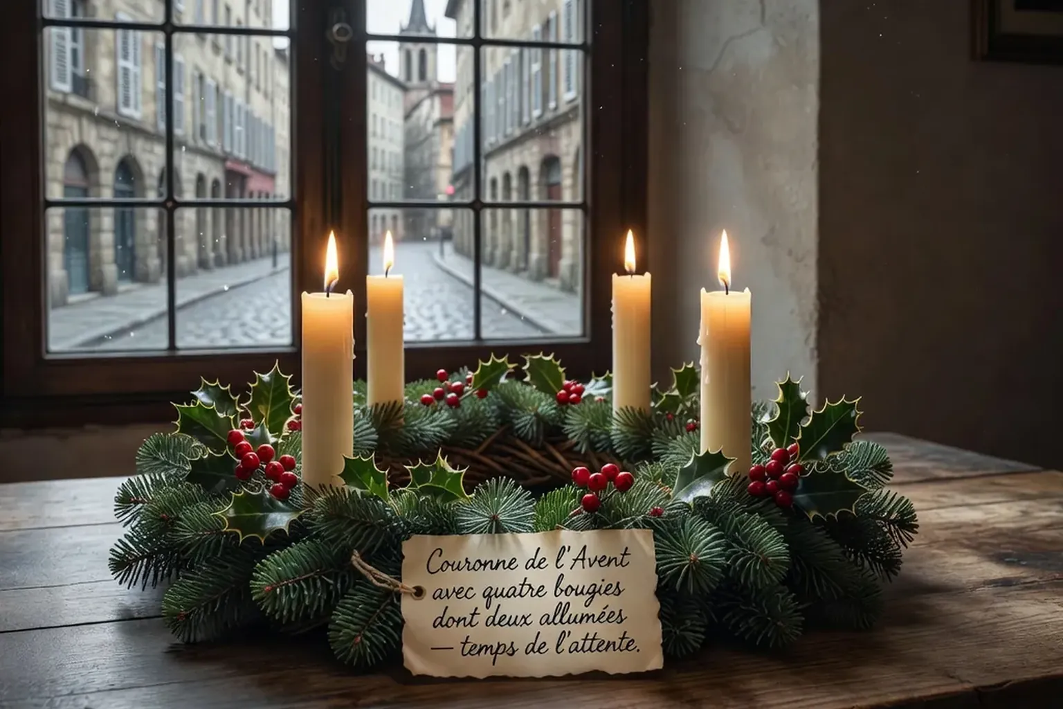 Crèche en bois, santons disposés autour de la mangeoire vide en attendant Noël