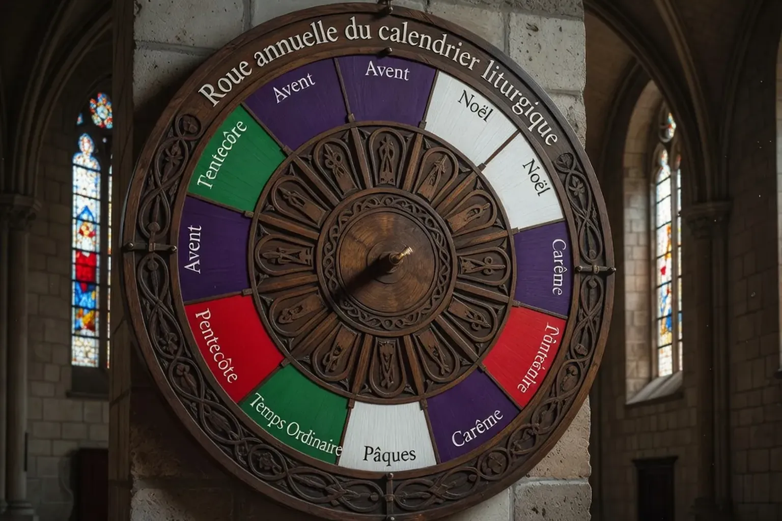 Étoles et chasubles liturgiques aux six couleurs alignées dans la sacristie
