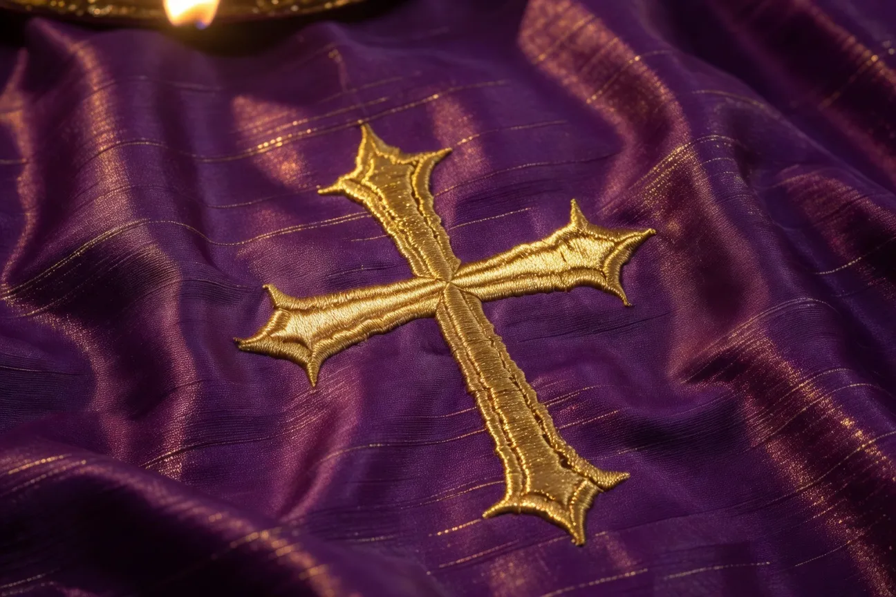 Gros plan sur le tissu violacé d'une chasuble liturgique de l'Avent, broderie dorée, texture soie, lumière de bougie