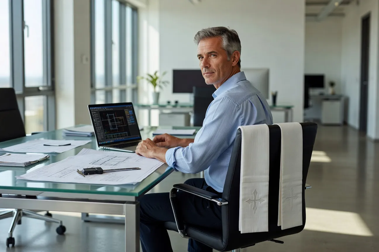 Homme en costume de travail avec son étole diaconale posée sur la table de bureau à côté de lui — double vocation professionnelle et diaconal