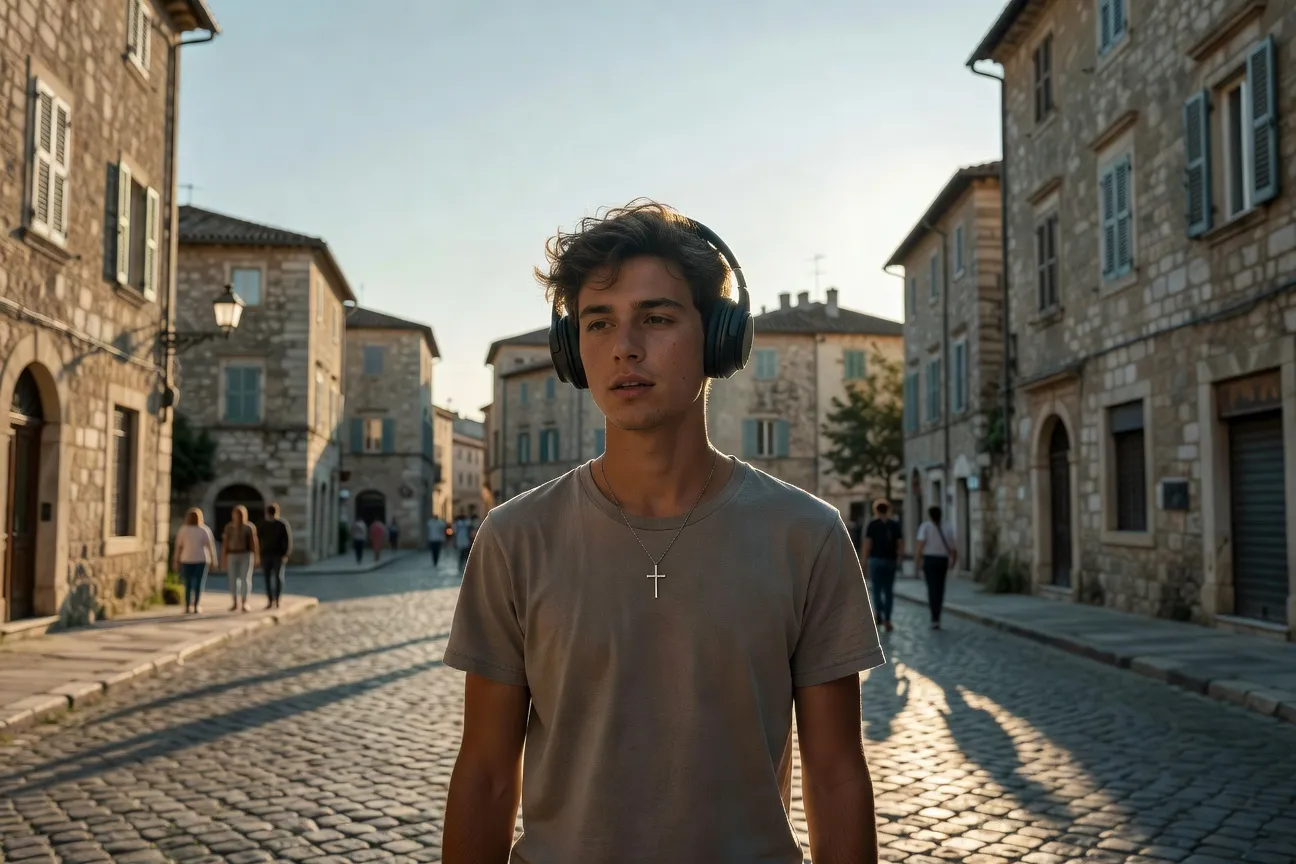 Jeune adulte avec casque audio écoutant un podcast religieux en marchant dans une rue lyonnaise, visage serein, lumière naturelle