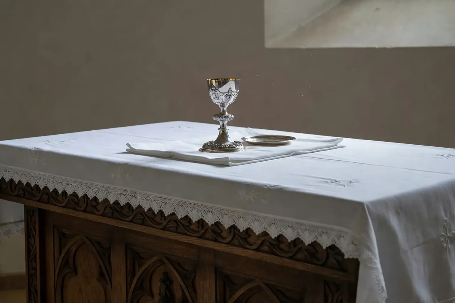 Mains tendues recevant l'hostie — gros plan sur la communion eucharistique, lumière d'autel en arrière-plan