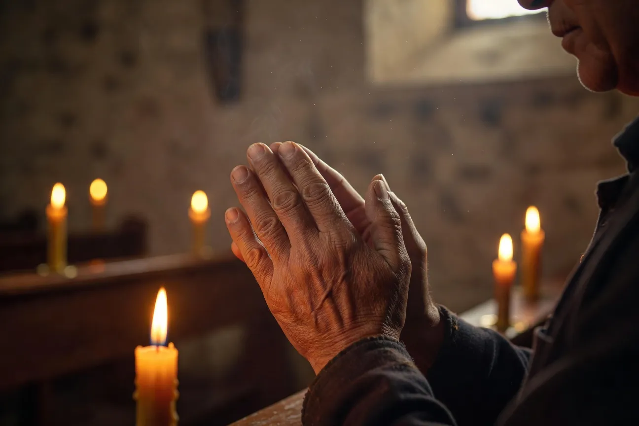 Mains jointes en prière lors d'une neuvaine dans une chapelle, lumière de cierge, recueillement