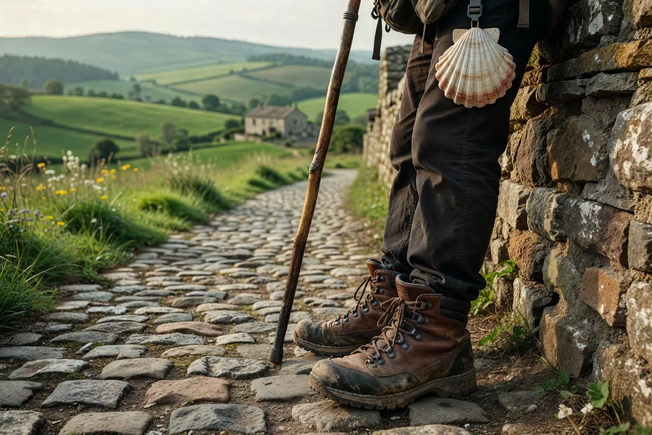 Pieds de pèlerin avec chaussures de marche sur un chemin de pierres, bâton de pèlerin, coquille Saint-Jacques sur le sac à dos, campagne française en arrière-plan