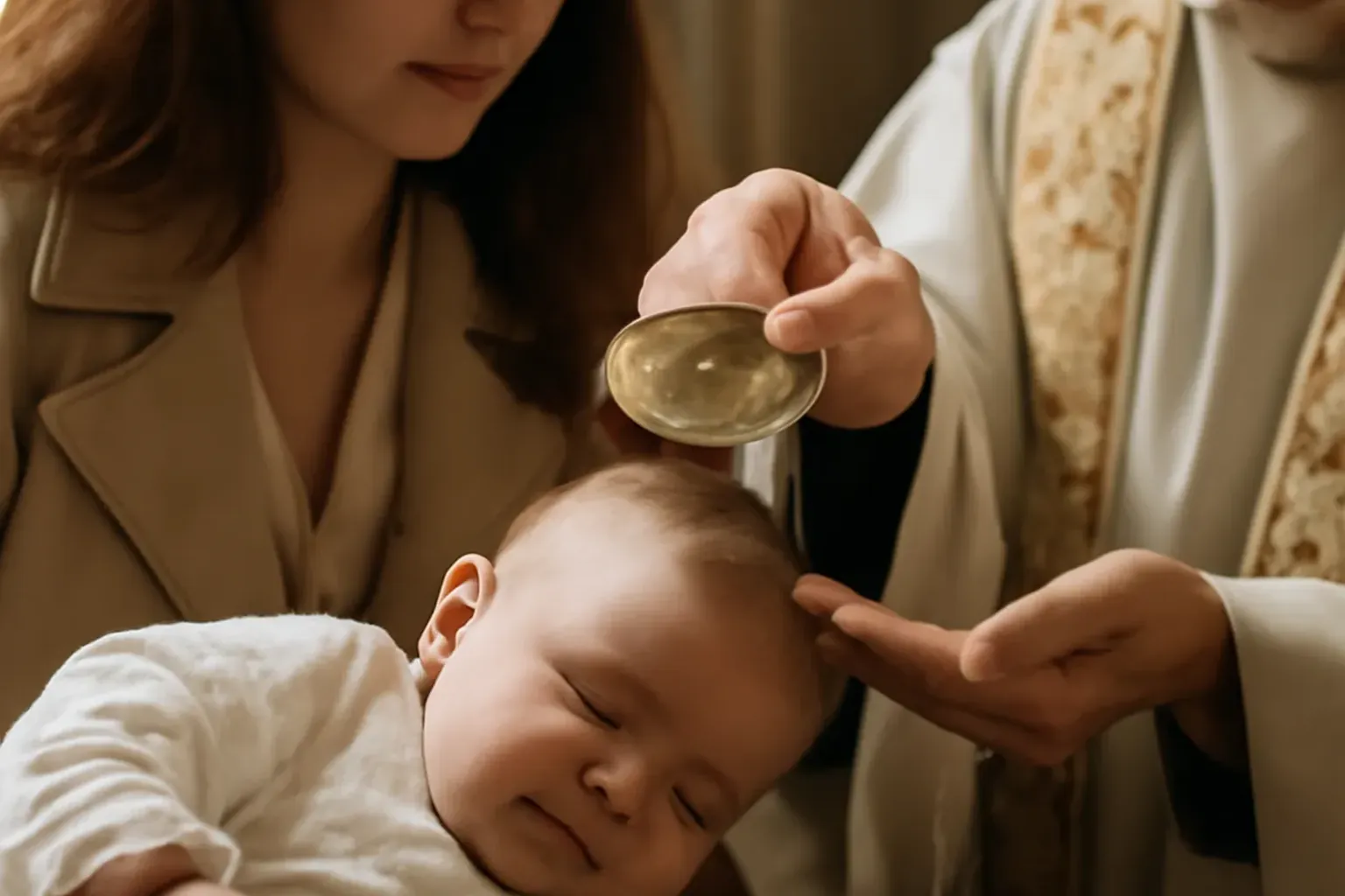 Cierge pascal allumé au moment du baptême — symbole de la lumière du Christ pour l'enfant