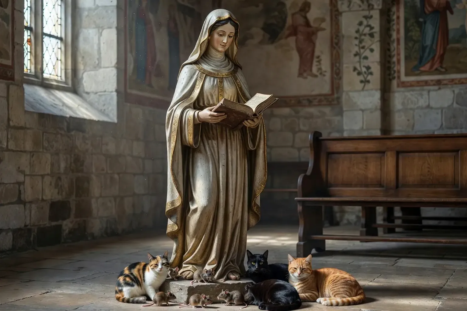 Bénédiction des chats sur le parvis d'une église, en lien avec la dévotion à sainte Gertrude