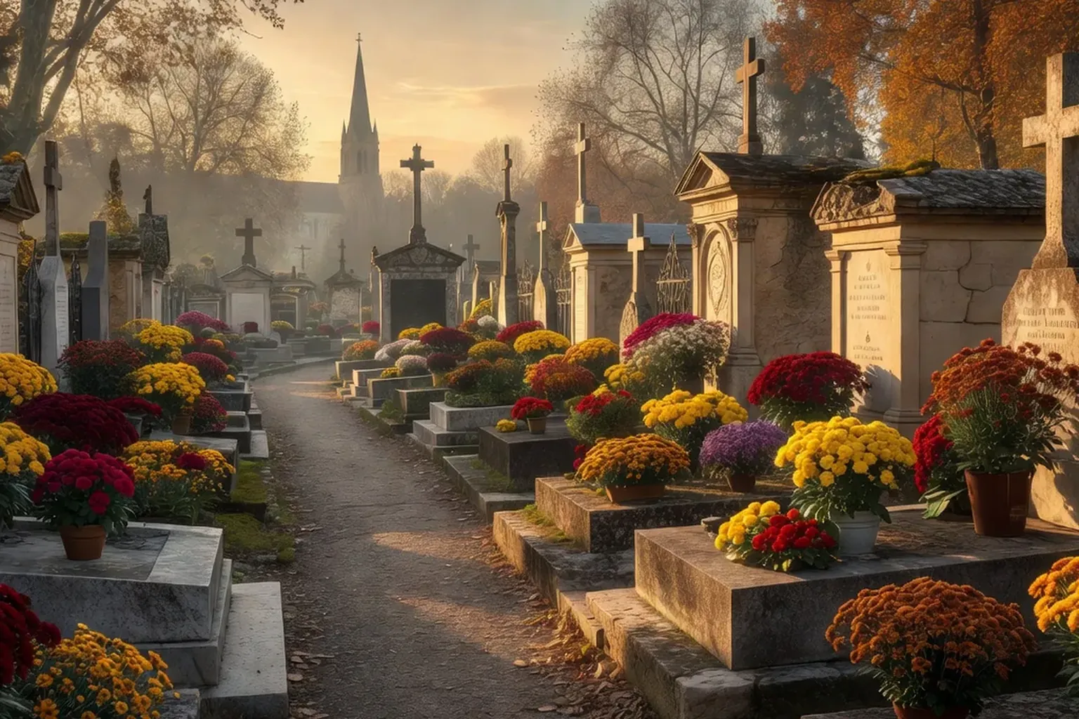 Chrysanthèmes sur une tombe en novembre — traditions populaires françaises de la Toussaint