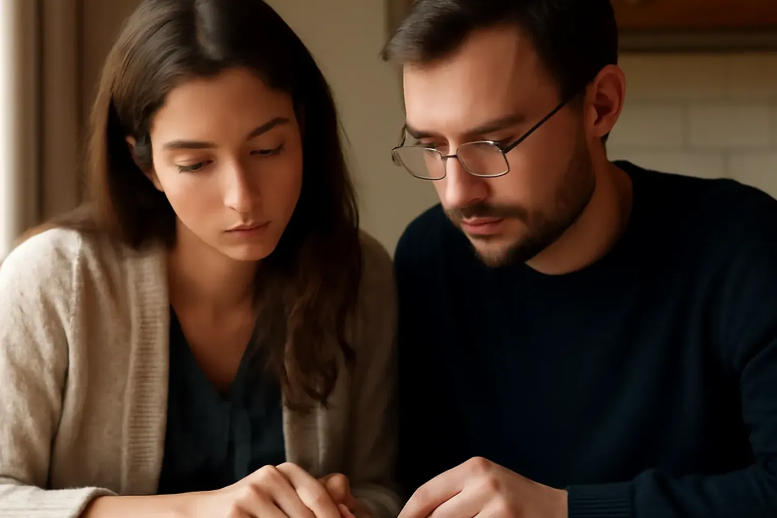 Mains d'enfants et de parents jointes en prière autour d'une table — transmission familiale