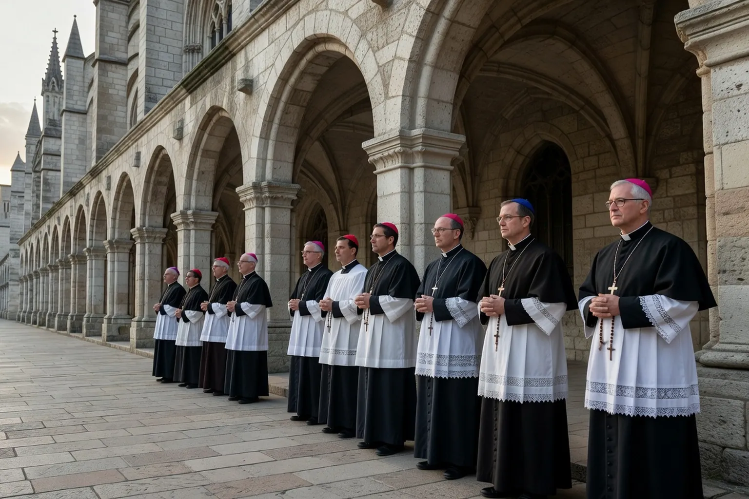 Esplanade de la basilique Saint-François d'Assise — leaders religieux côte à côte sous les arcades médiévales