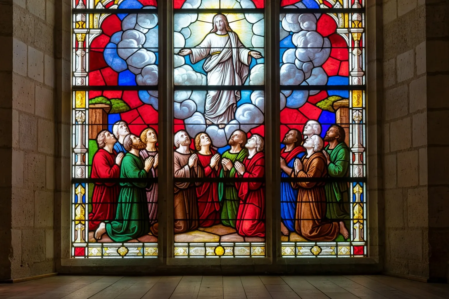 Christ s'élevant dans la nuée devant les apôtres rassemblés au mont des Oliviers — vitrail de l'Ascension