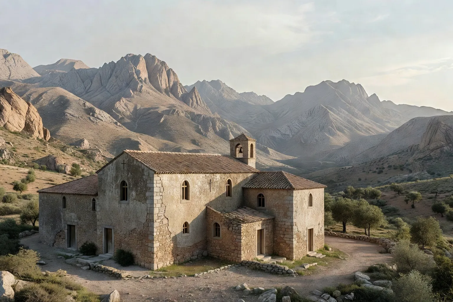 Monastère de Tibhirine en Atlas algérien — paysage austère et lumineux de la chaîne montagneuse
