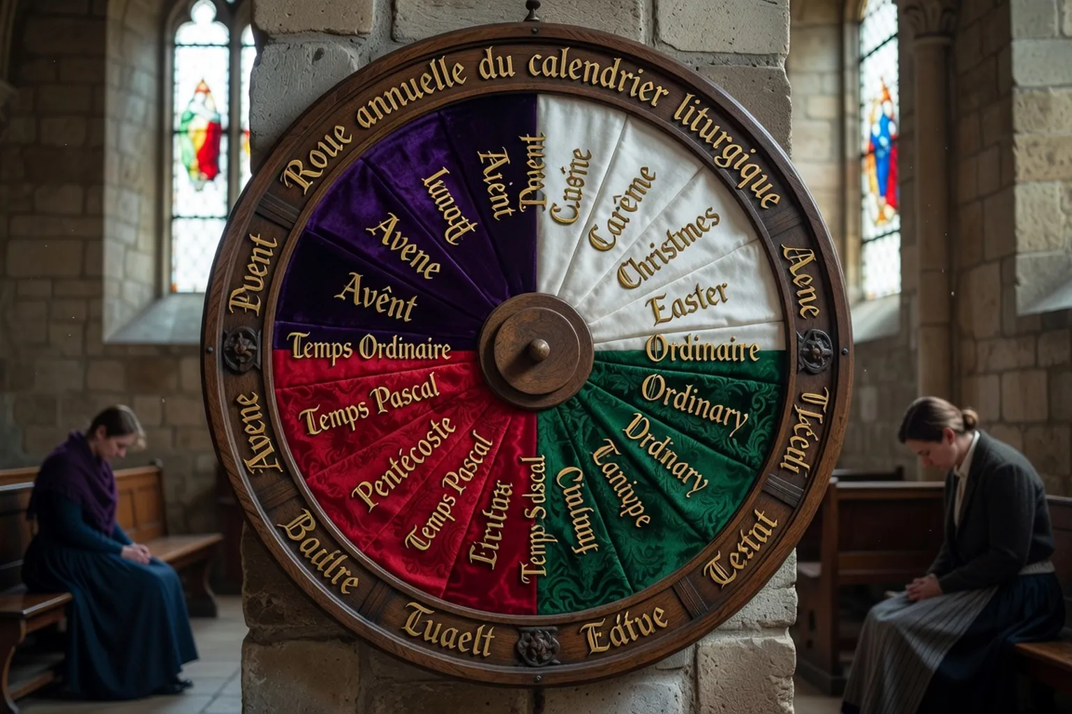 Roue annuelle du calendrier liturgique — couleurs violet, blanc, vert, rouge