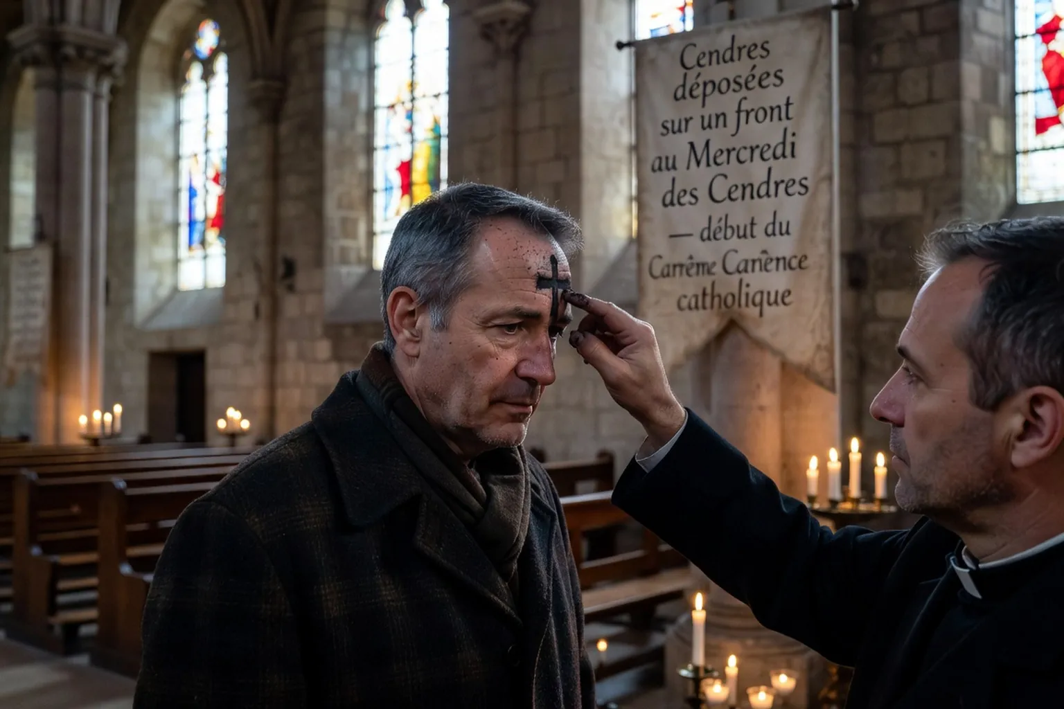 Cendres déposées sur un front au Mercredi des Cendres — début du Carême catholique