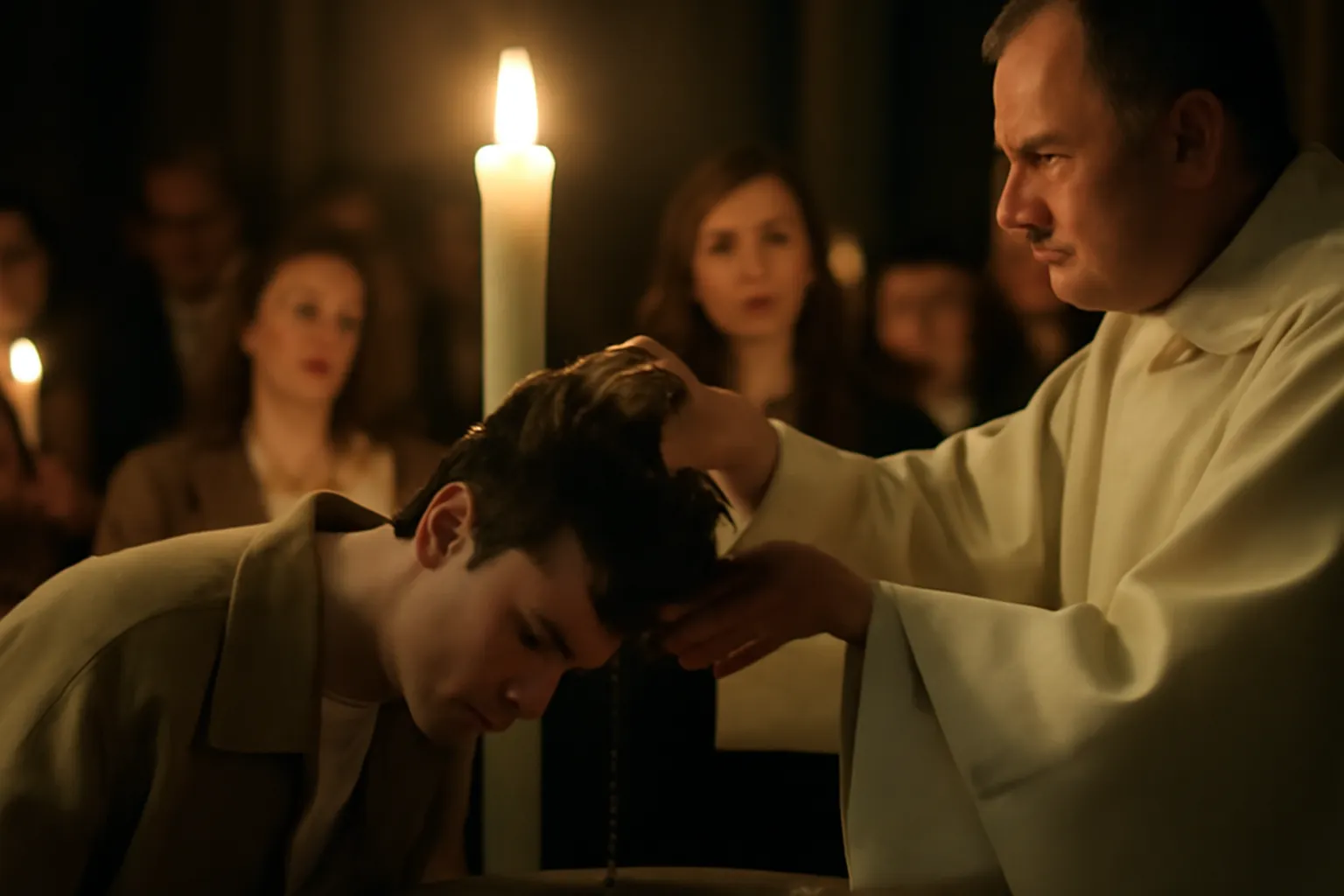 Catéchumène recevant l'eau du baptême à la veillée pascale, flamme du cierge pascal éclairant l'assemblée dans la pénombre de l'église