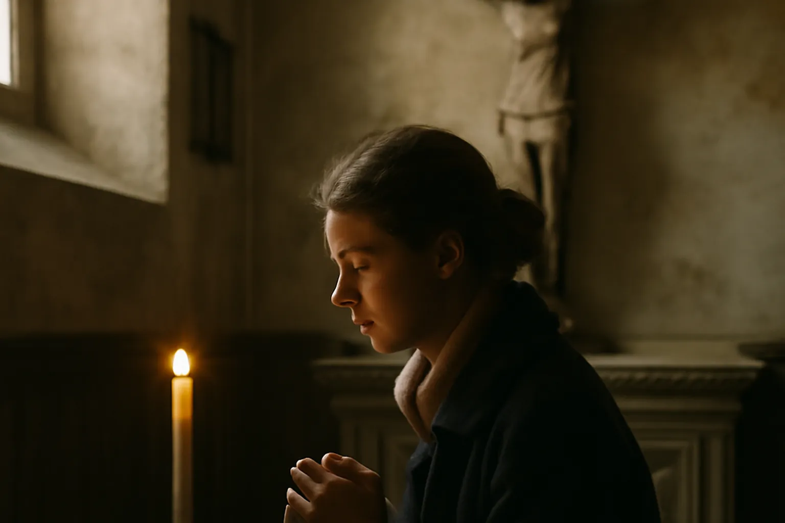 Cierge allumé devant un crucifix dans une chapelle paroissiale — recueillement de Carême