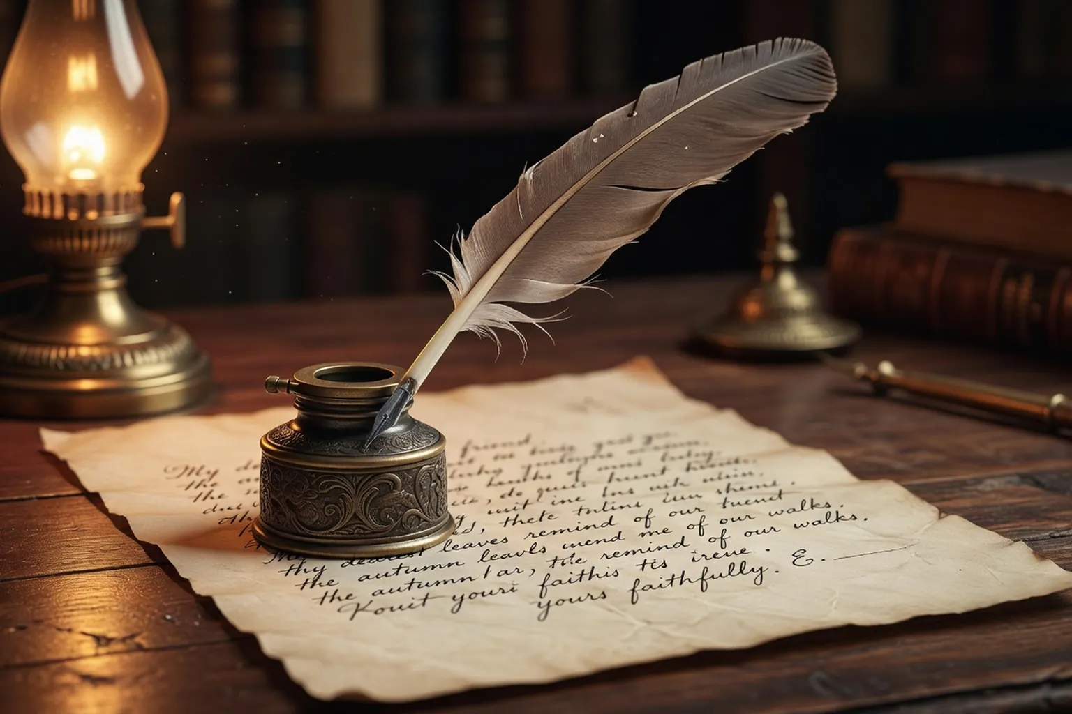 Encrier ancien et plume sur lettre manuscrite — correspondance
