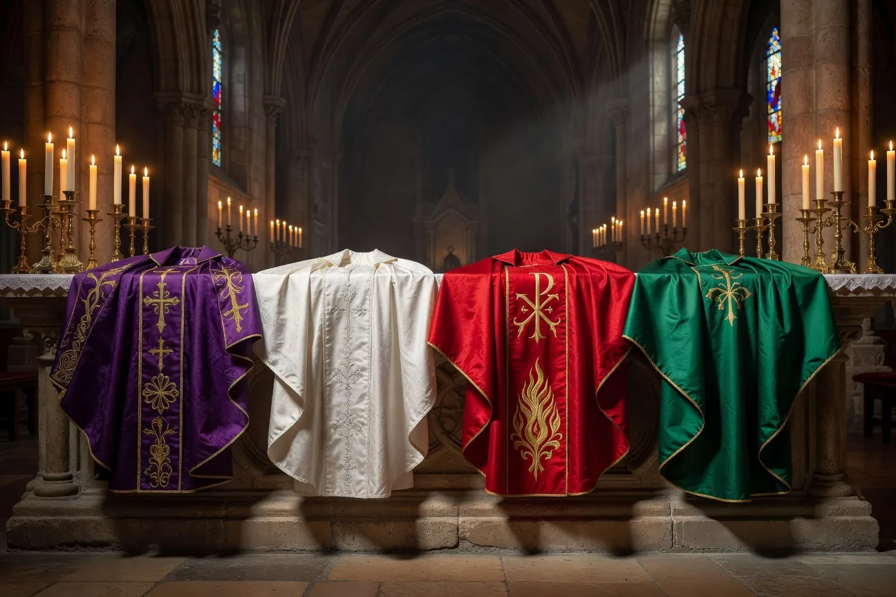 Chasubles liturgiques de différentes couleurs — violet, blanc, rouge, vert — exposées sur un autel, lumière d'église
