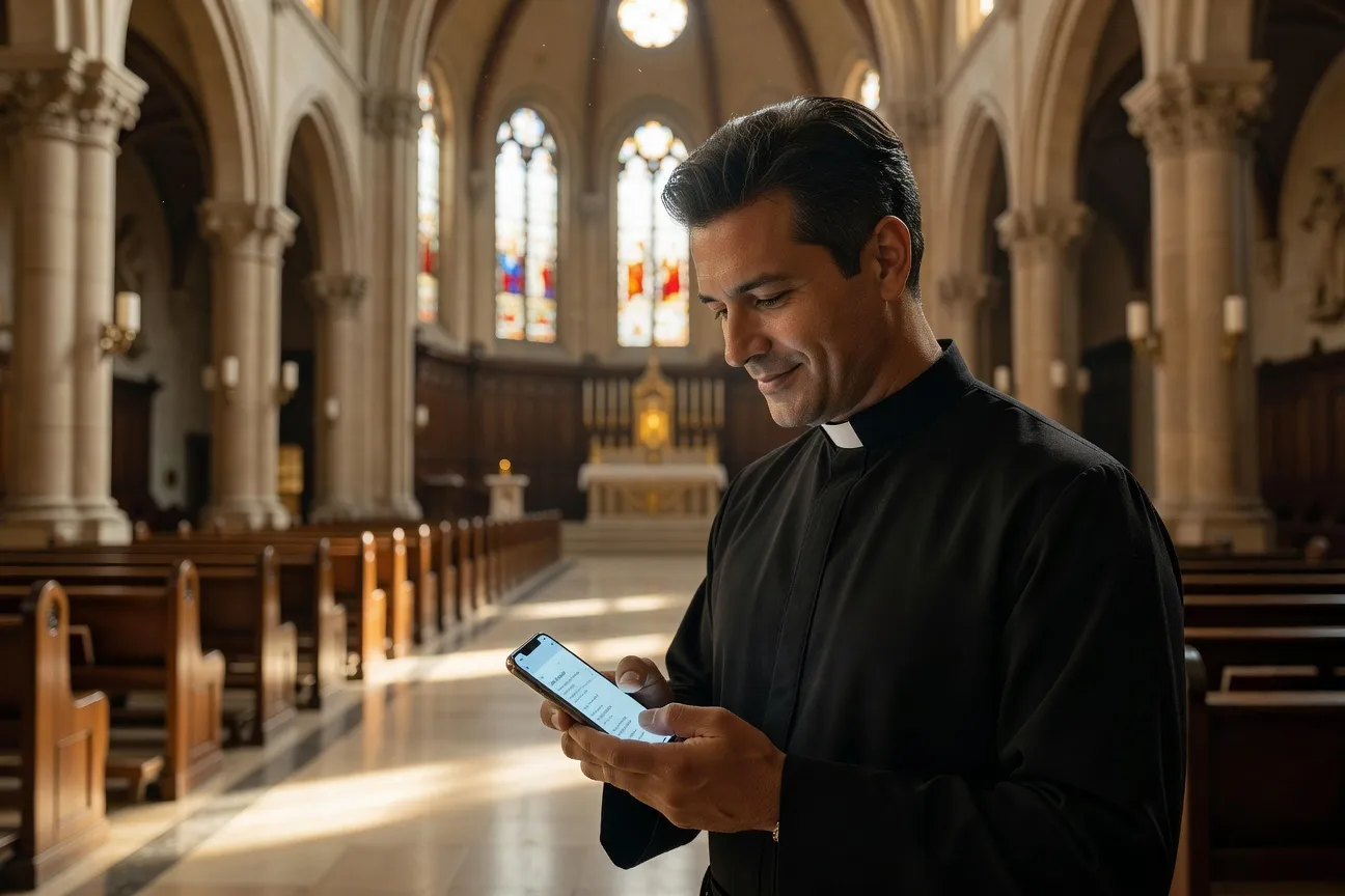 Prêtre en soutane consultant une application de prière sur smartphone, lumière naturelle d'une église, foi et modernité