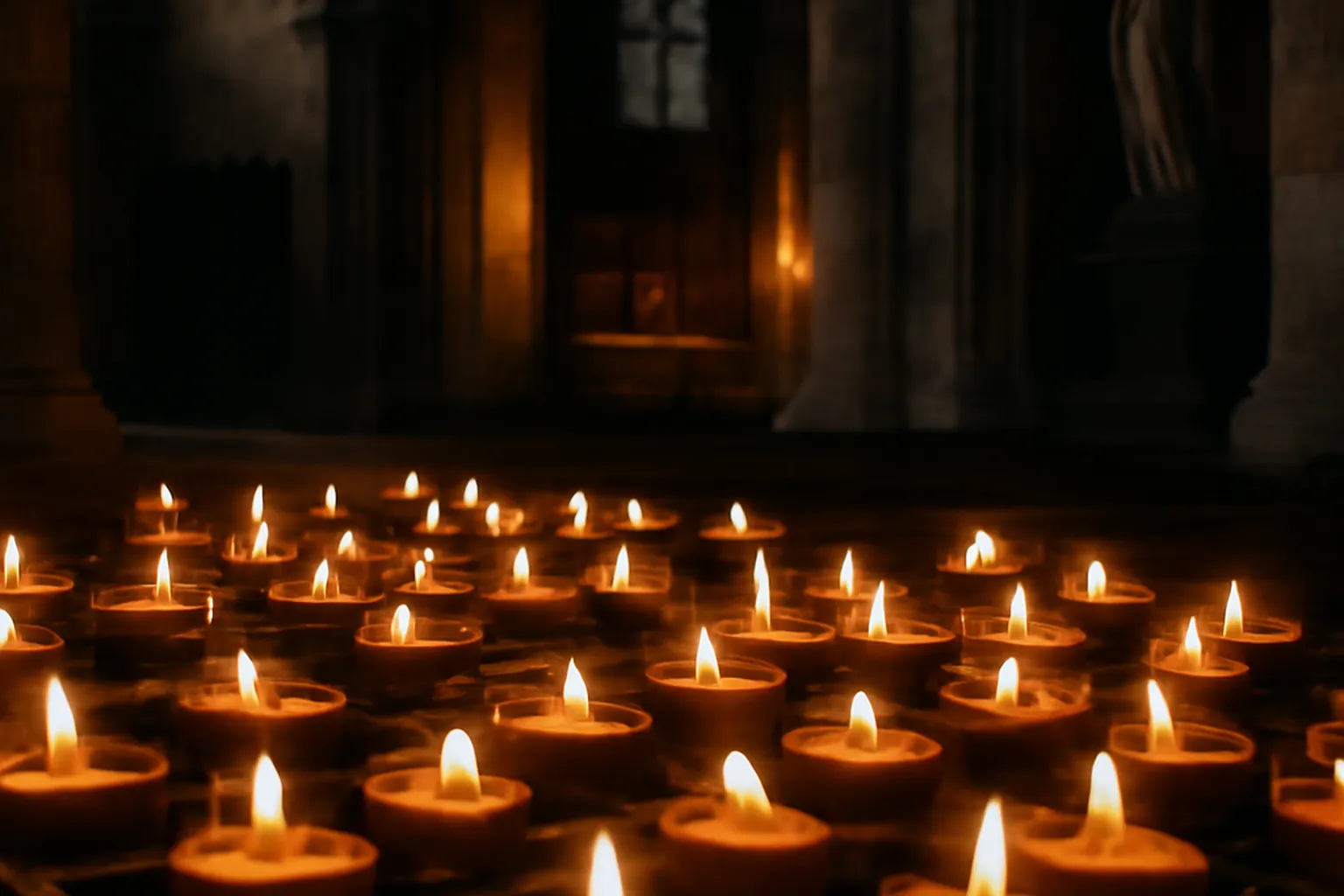 Cierges allumés dans une église catholique au début d'une messe