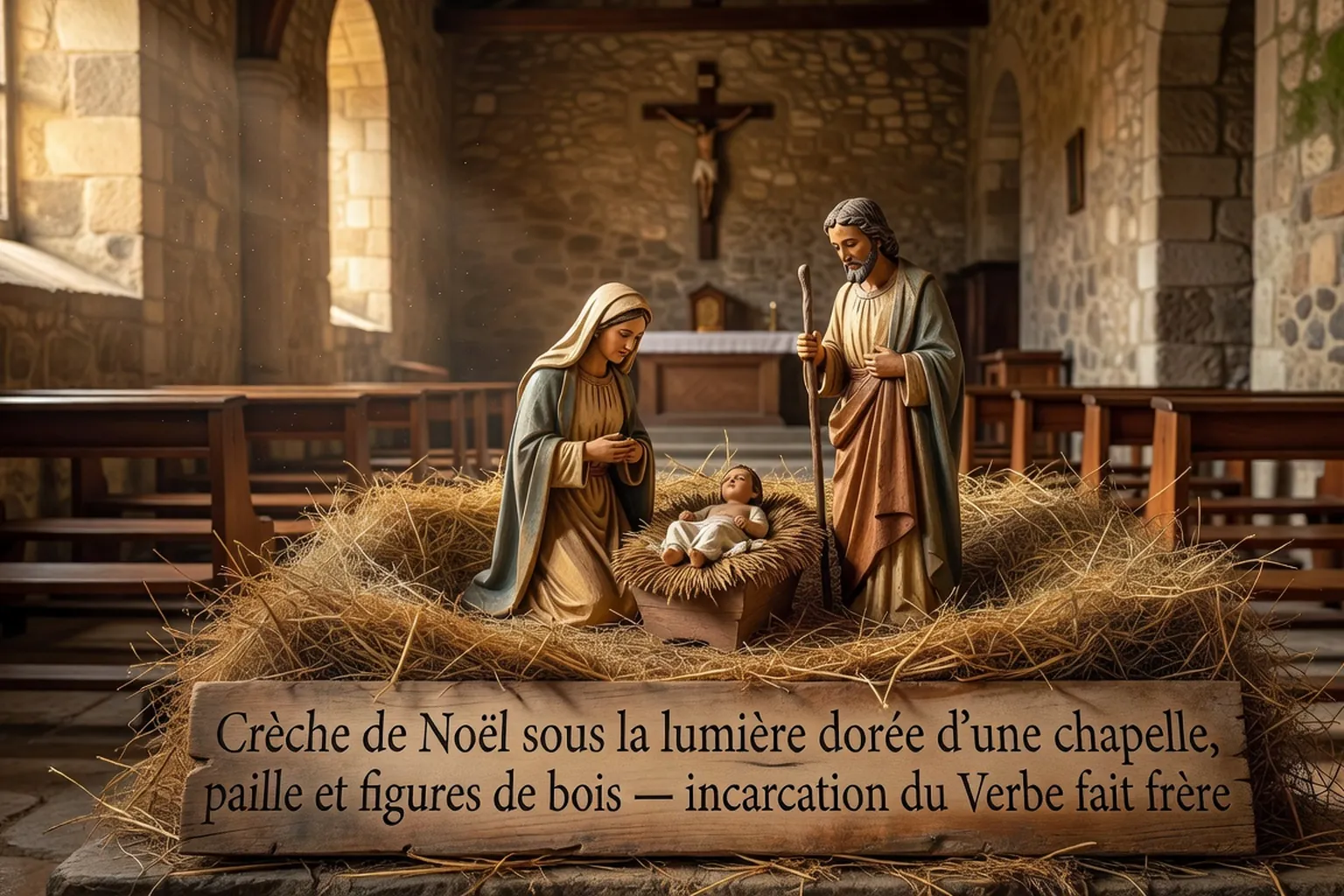 Crèche de Noël sous la lumière dorée d'une chapelle, paille et figures de bois — incarnation du Verbe fait frère