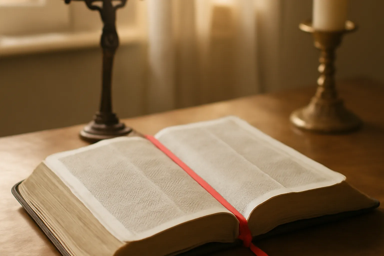 Bible ouverte sur une table avec un signet rouge — moment de lectio divina au calme du matin