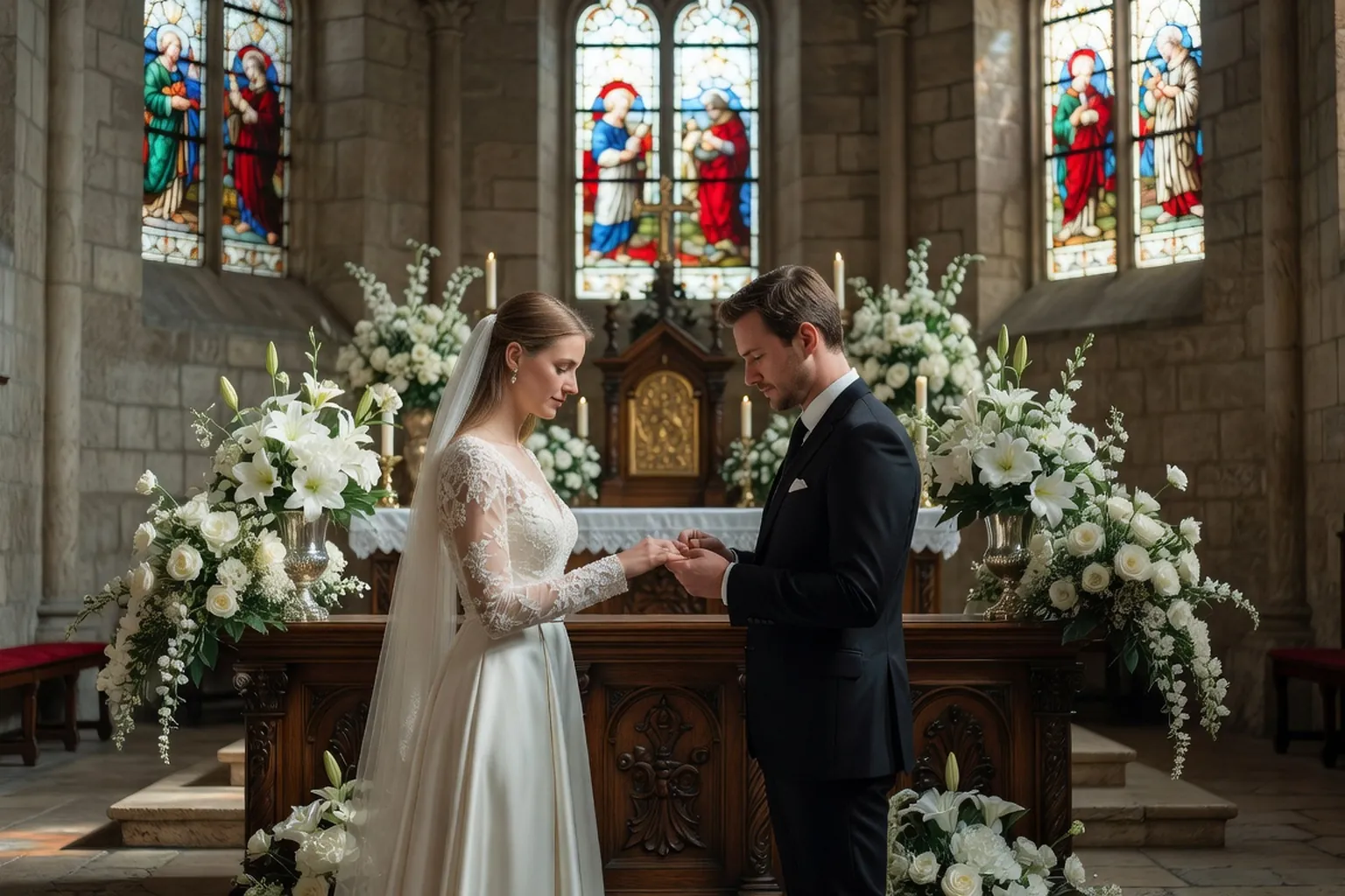 Échange des consentements, mariés se passant l'alliance devant l'autel d'une église catholique, fleurs blanches et lumière douce