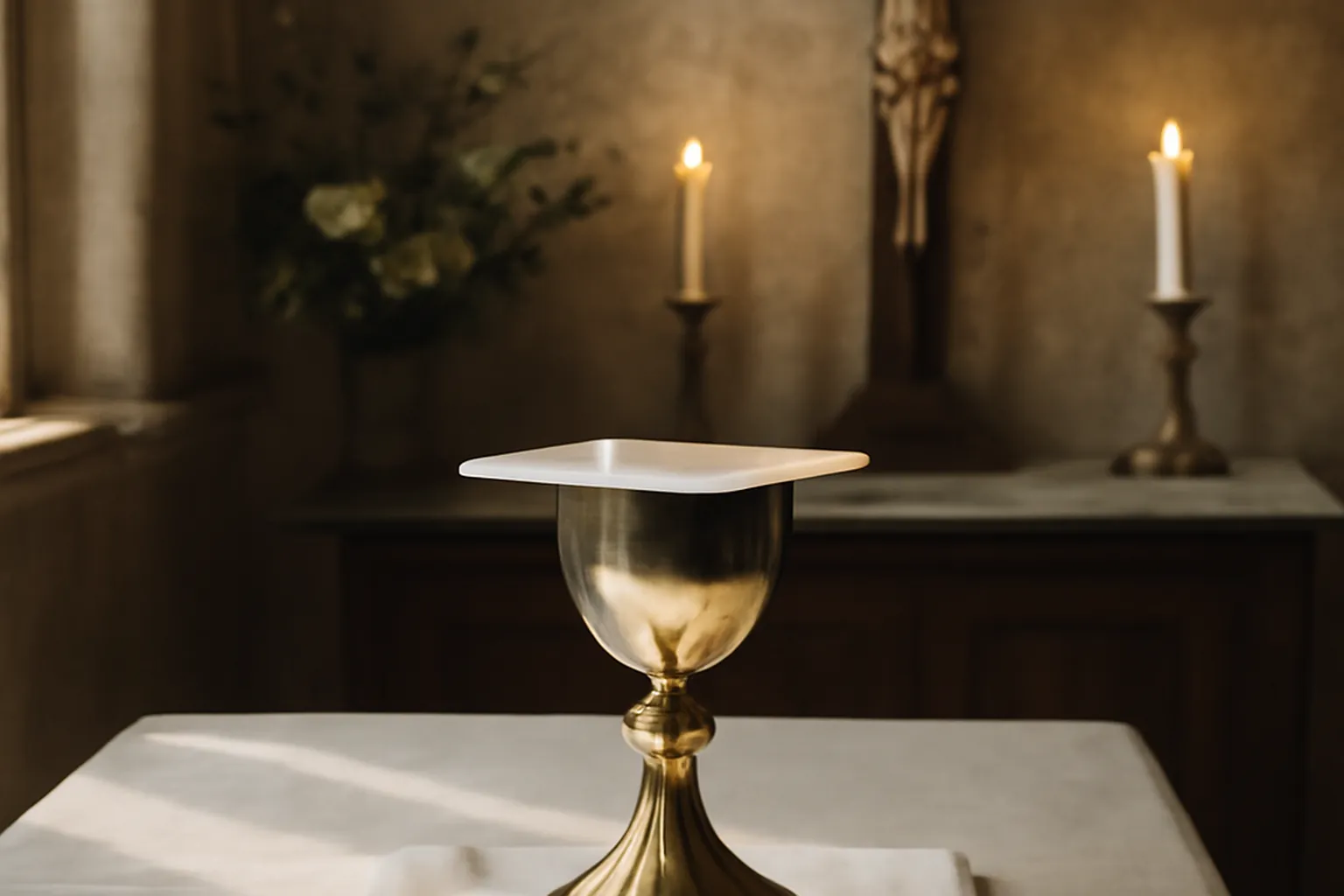Autel catholique avec calice, patène et corporal — préparation eucharistique
