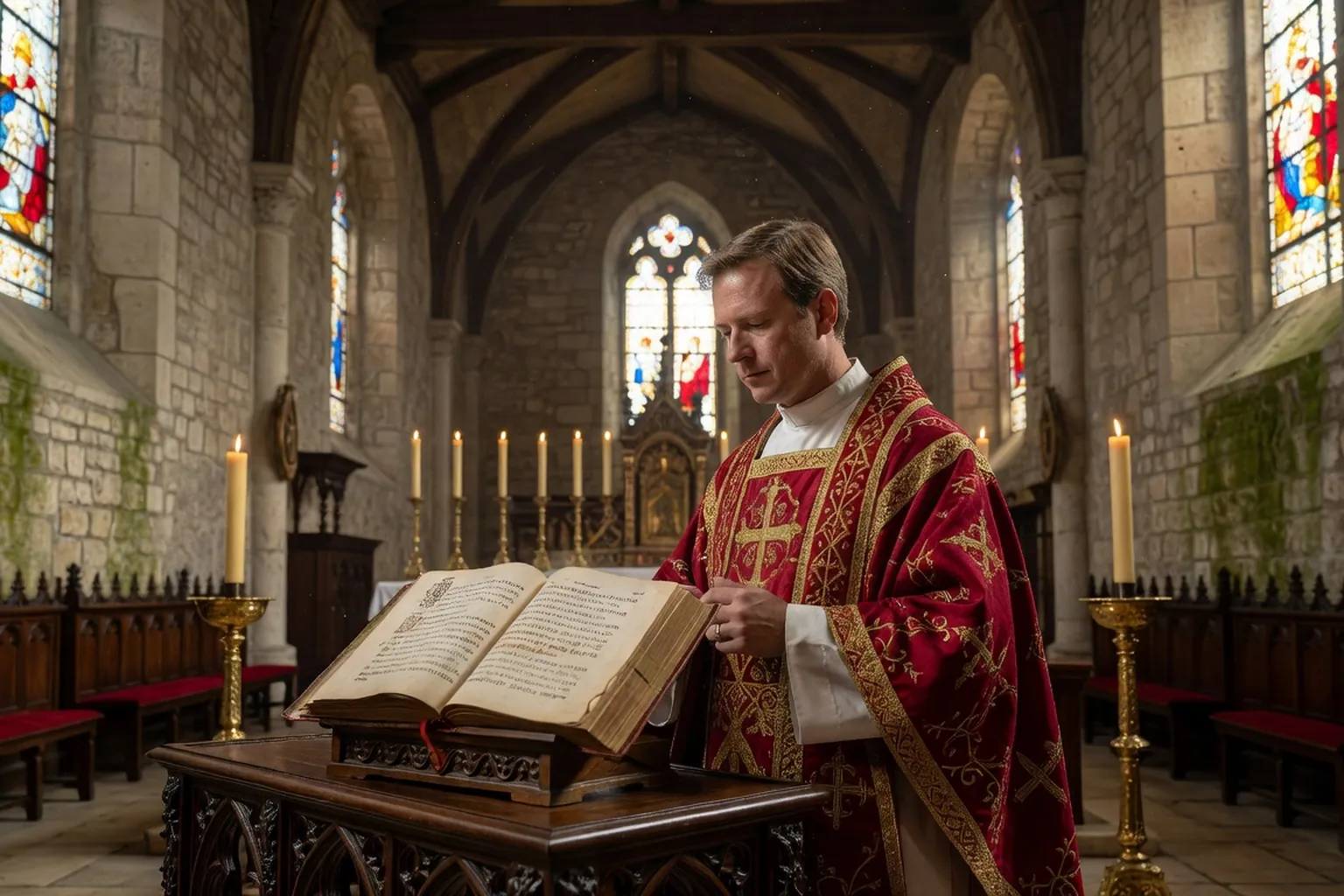 Prêtre célébrant la messe en latin selon le rite tridentin avec chasuble traditionnelle et missel ancien