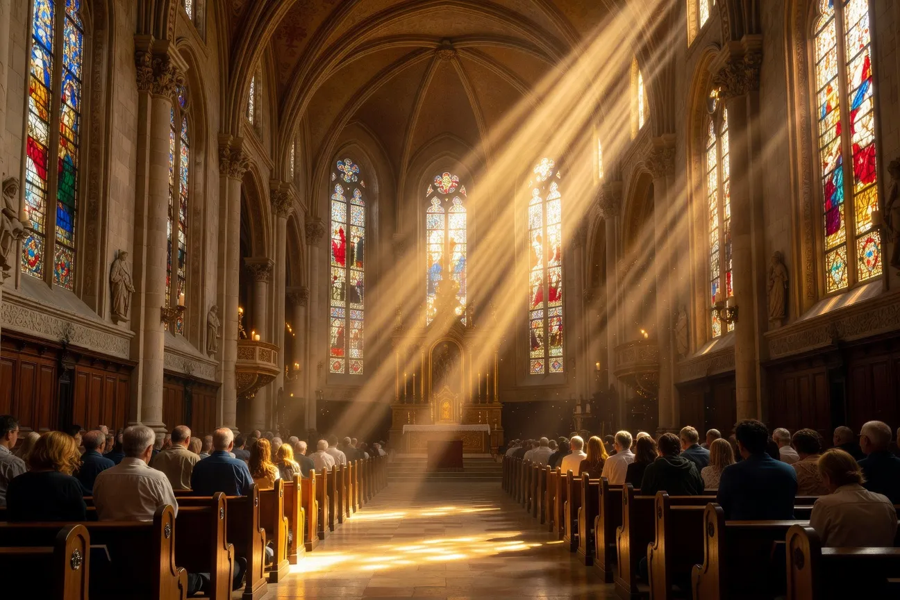 Rayons de lumière dorée traversant les vitraux d'une église lors de la Pentecôte — Esprit Saint et prière communautaire
