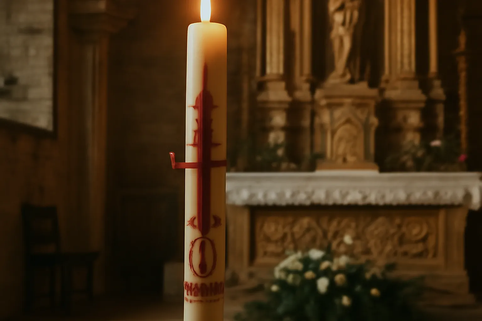 Cierge pascal allumé devant l'autel à la Veillée pascale — symbole de la lumière du Ressuscité