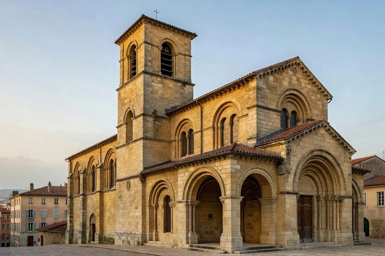 Façade d'une église catholique du sud-est lyonnais en pierre dorée sous un ciel bleu, clocher carré et porche roman, paysage urbain en arrière-plan
