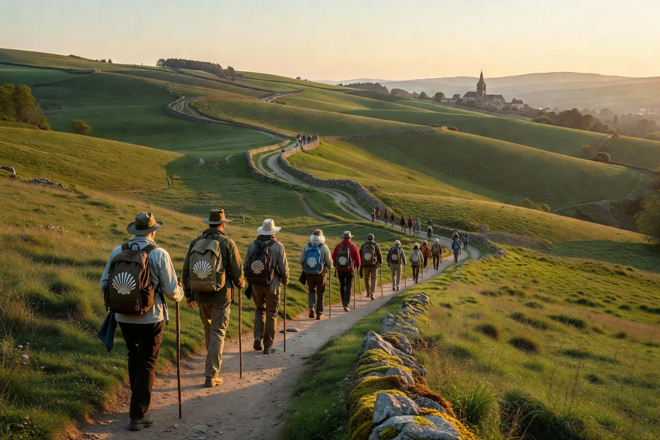 Pèlerins marchant en groupe sur un chemin de pèlerinage en France, paysage verdoyant, coquille Saint-Jacques visible, lumière du matin