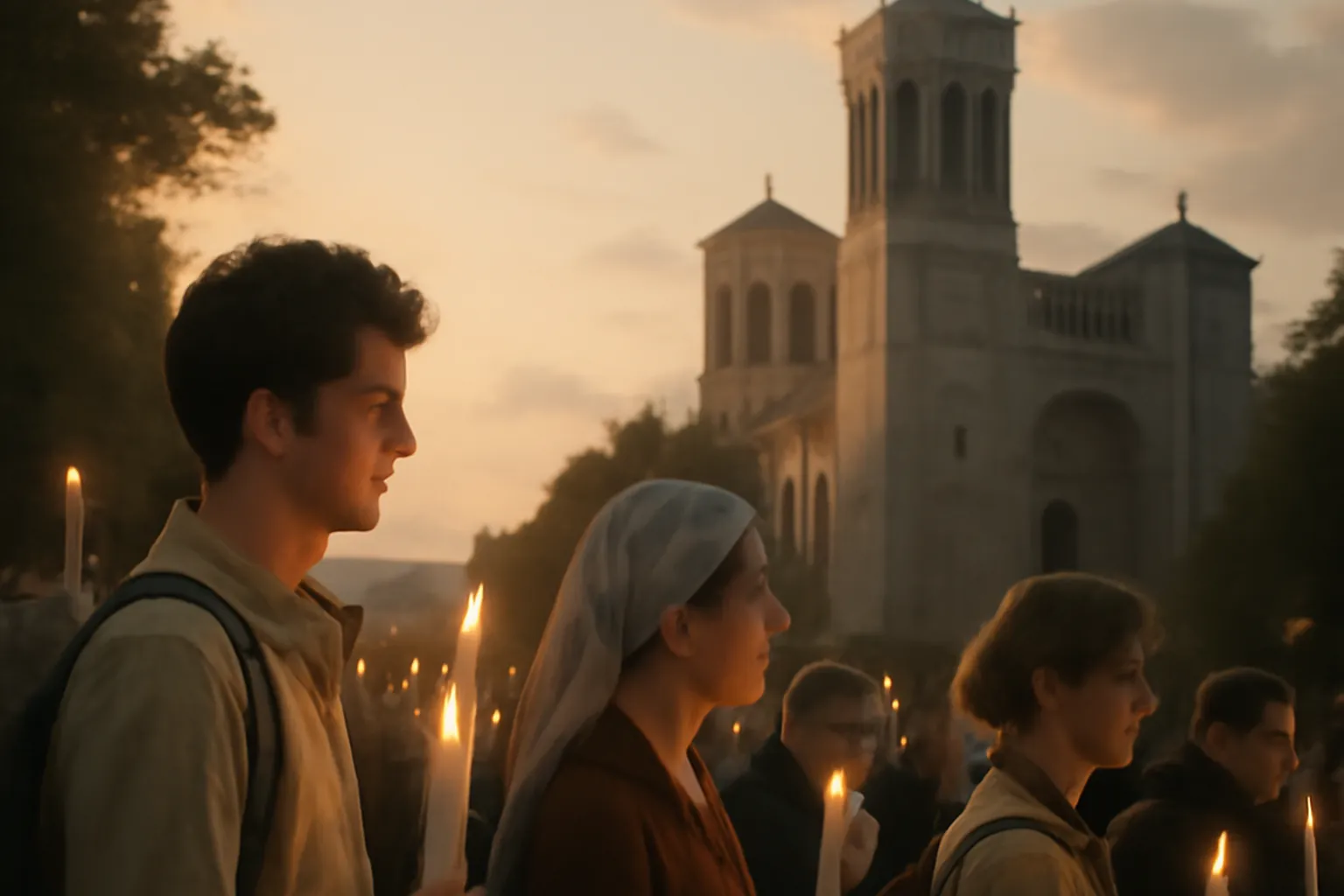 Pèlerins en marche vers un sanctuaire marial français, cierges allumés et procession dans la lumière du soir, fidèles recueillis devant la basilique