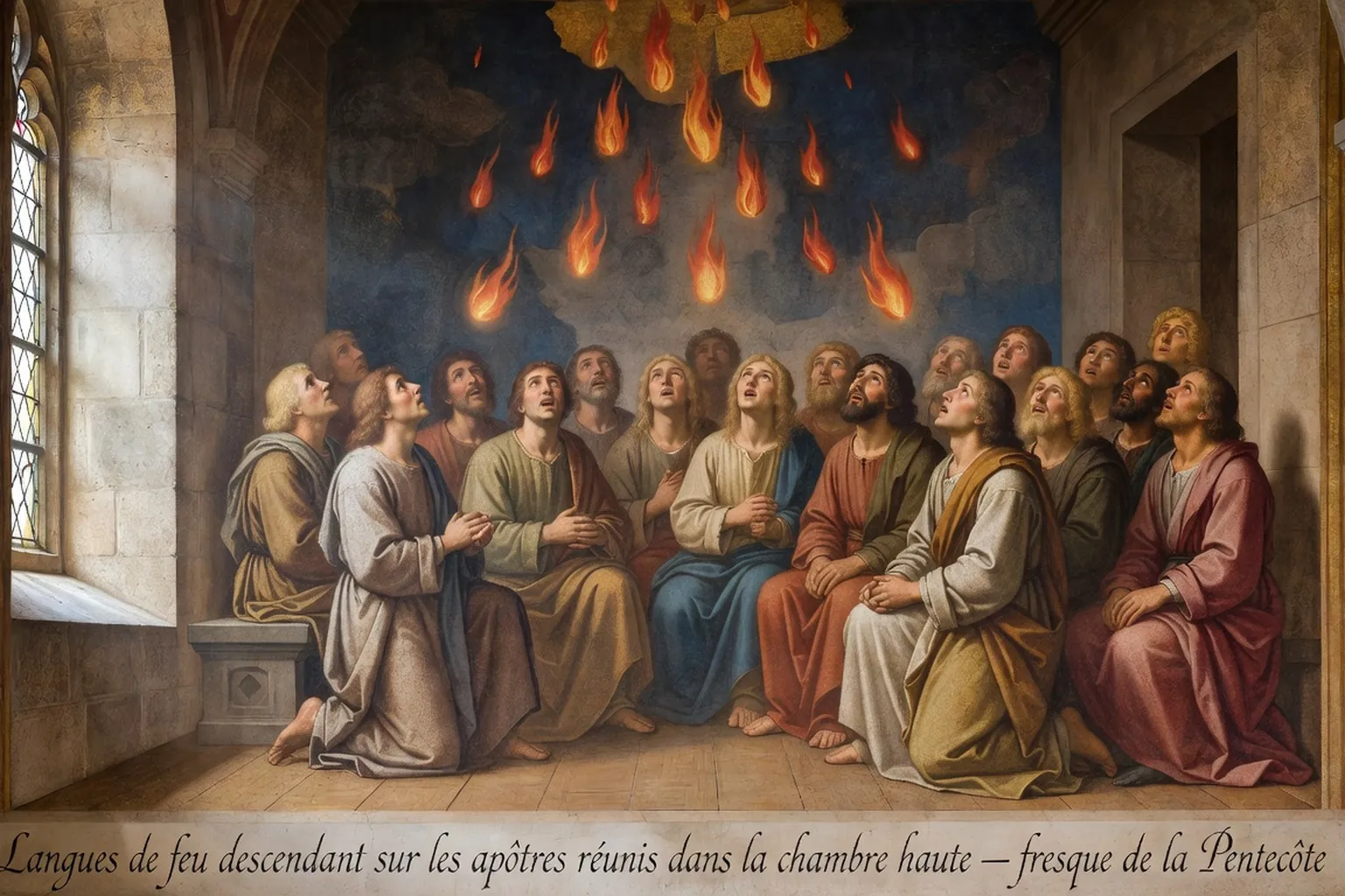 Langues de feu descendant sur les apôtres réunis dans la chambre haute — fresque de la Pentecôte