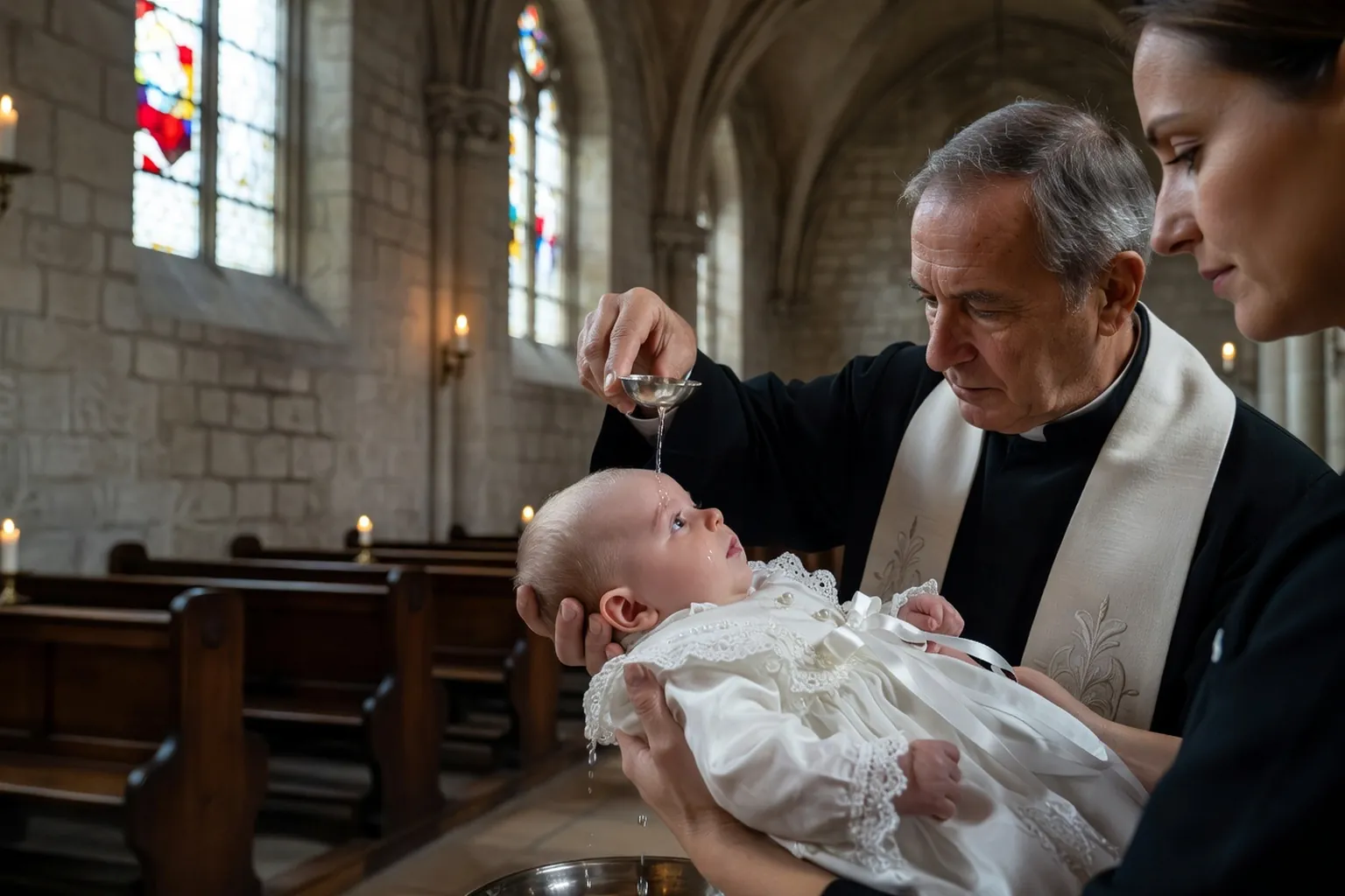 Bébé baptisé recevant l'eau du baptême sur le front par le prêtre — moment du sacrement