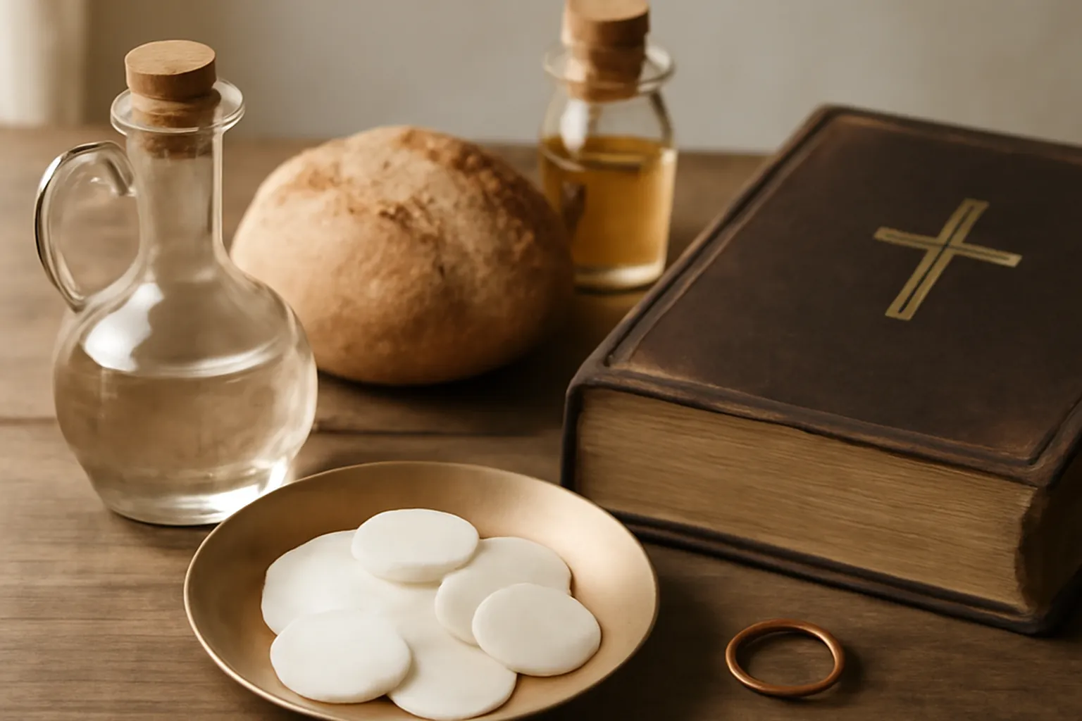 Sept signes sacramentels — eau, huile, pain, hosties, alliance, livre saint