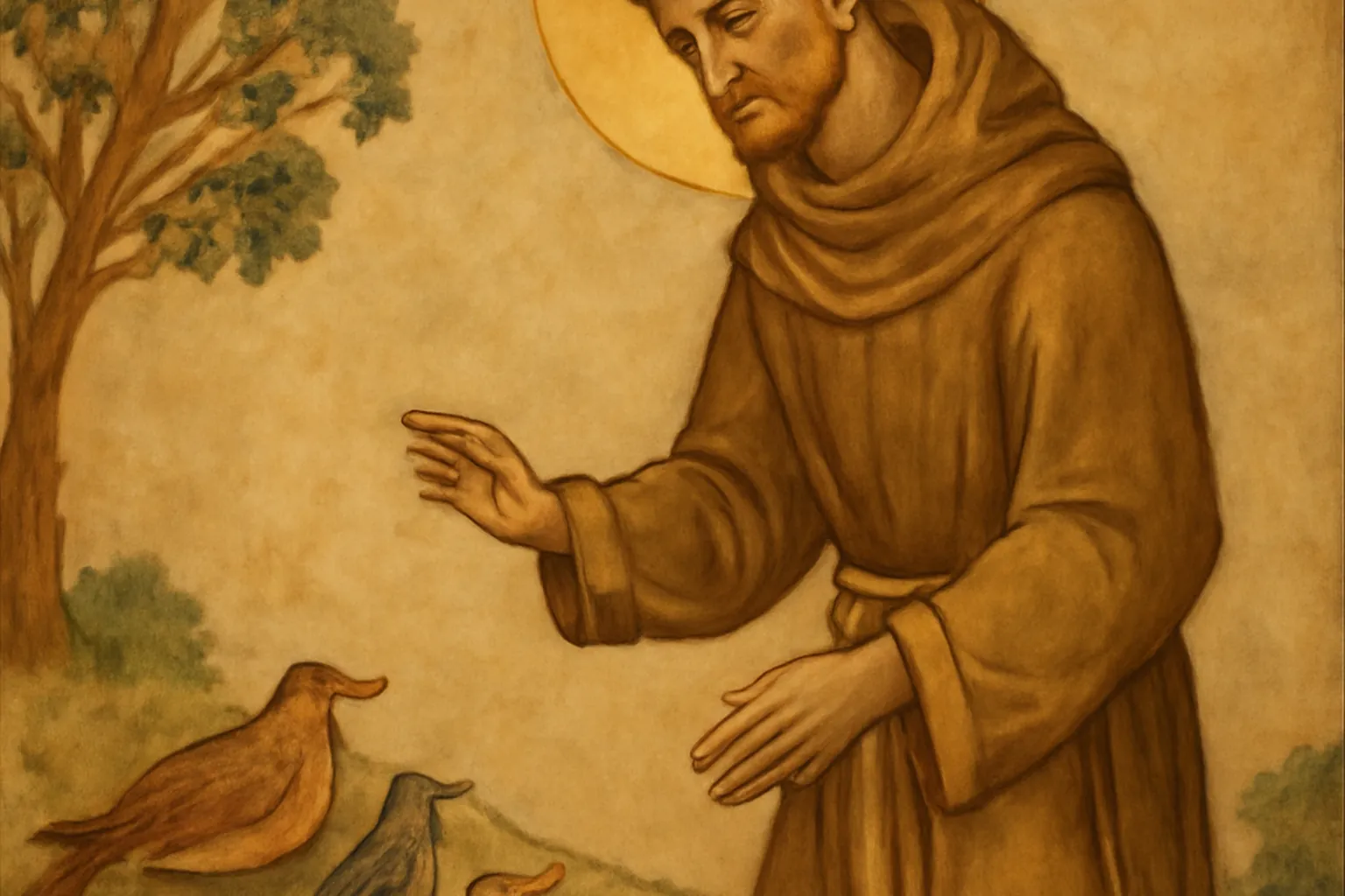 Saint François d'Assise prêchant aux oiseaux — fresque ou icône traditionnelle