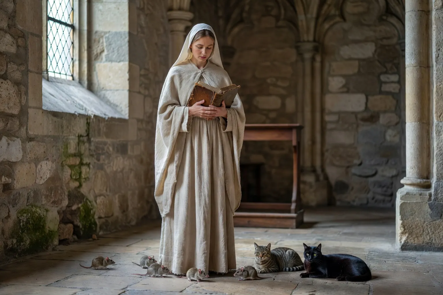 Représentation traditionnelle de sainte Gertrude tenant un livre et accompagnée de souris et de chats