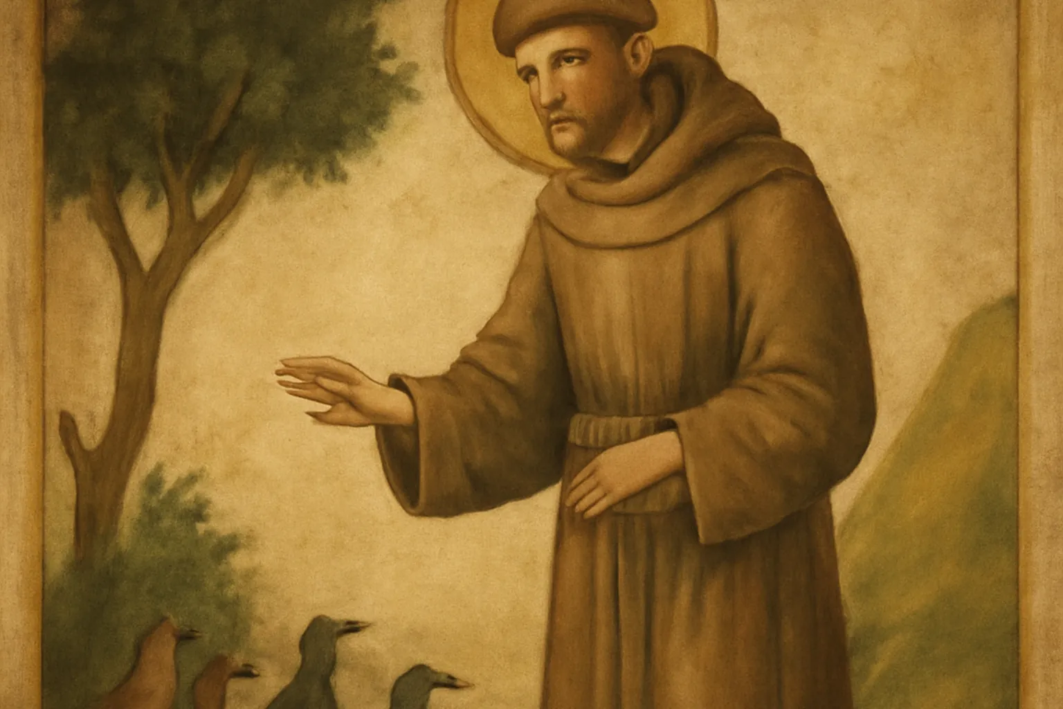 Saint François d'Assise prêchant aux oiseaux — fresque ou icône traditionnelle