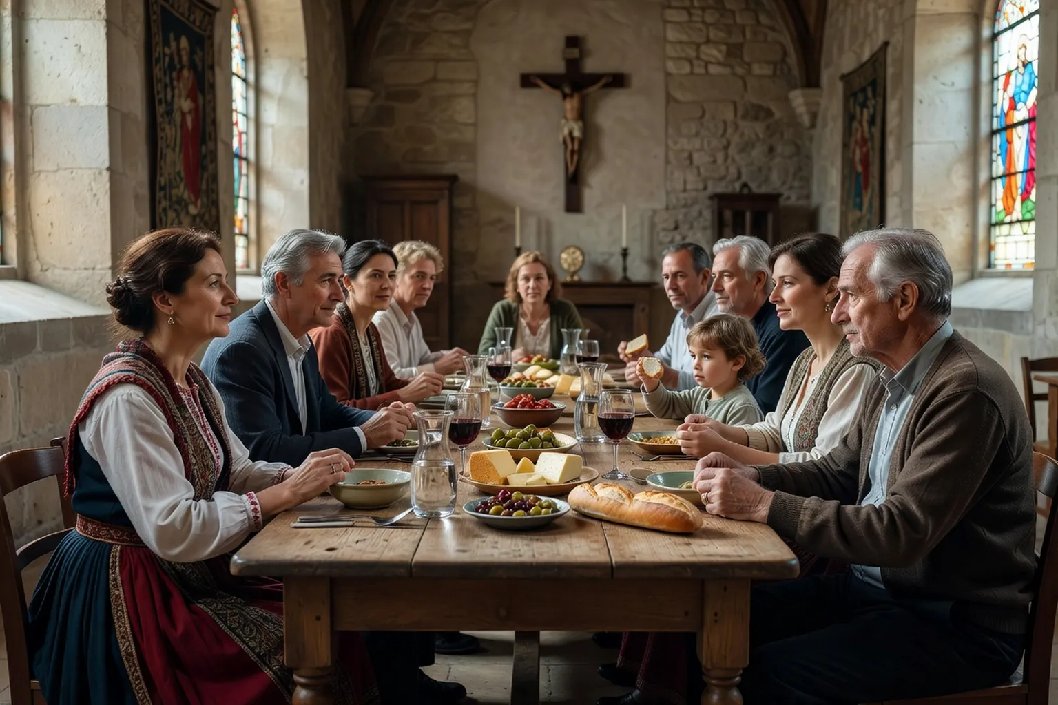 Famille rom en démarche d'accueil paroissial — moment d'échange convivial autour d'une table partagée