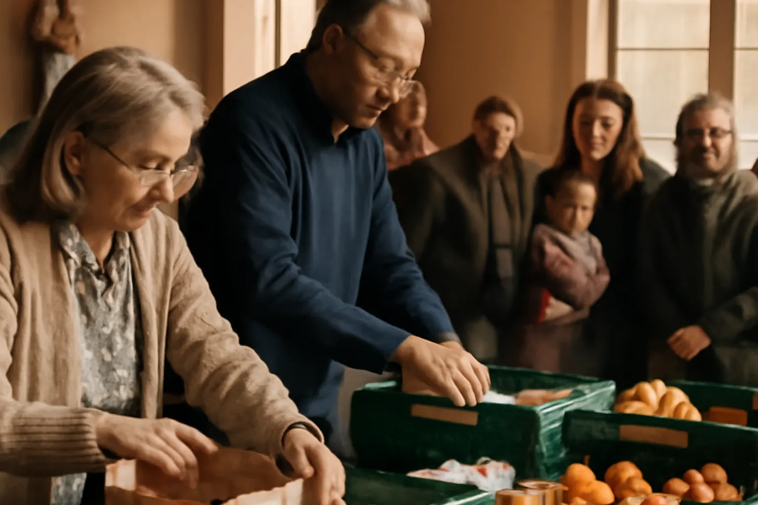 Distribution alimentaire dans une paroisse, bénévoles préparant des paniers, familles attendant dans la dignité, lumière chaleureuse de la salle paroissiale