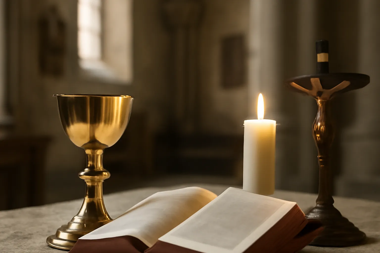 Bibliothèque liturgique — livres et objets sacrés disposés sur un autel