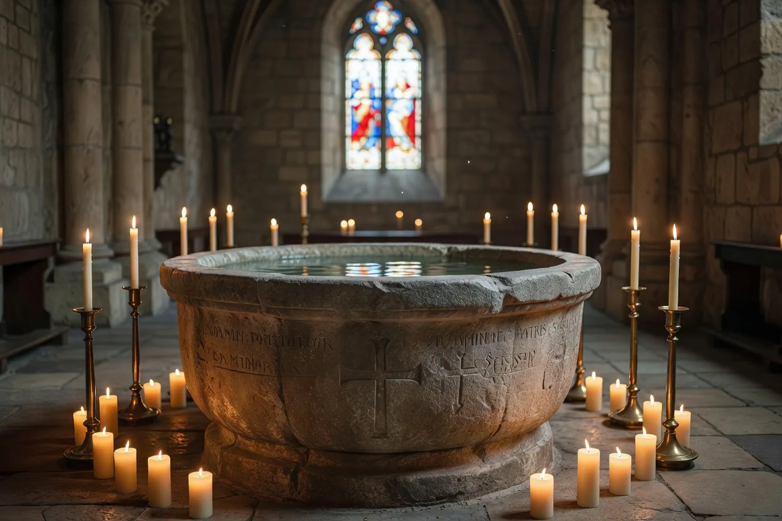 Eau bénite et bougies — célébration sacramentelle catholique