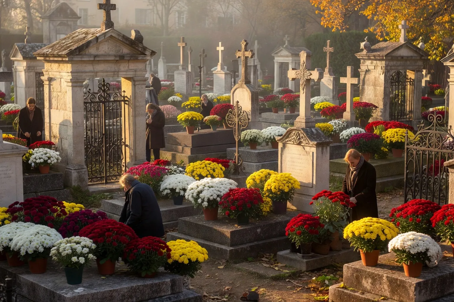 Cimetière catholique fleuri de chrysanthèmes à la Toussaint sous une lumière dorée d'automne