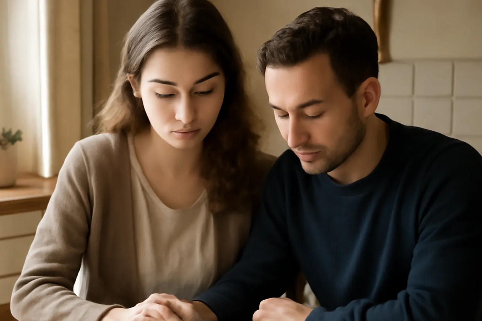 Couple chrétien lisant ensemble la Bible à la table de cuisine — vie de foi ordinaire dans un foyer